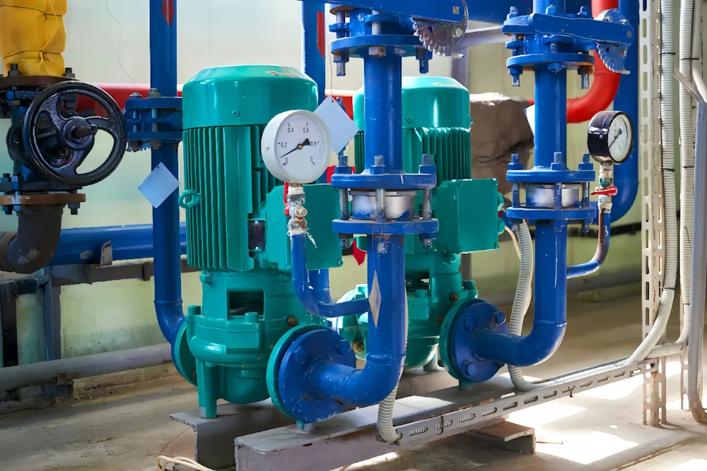Two circulation pumps with pressure gauges in a plant room
