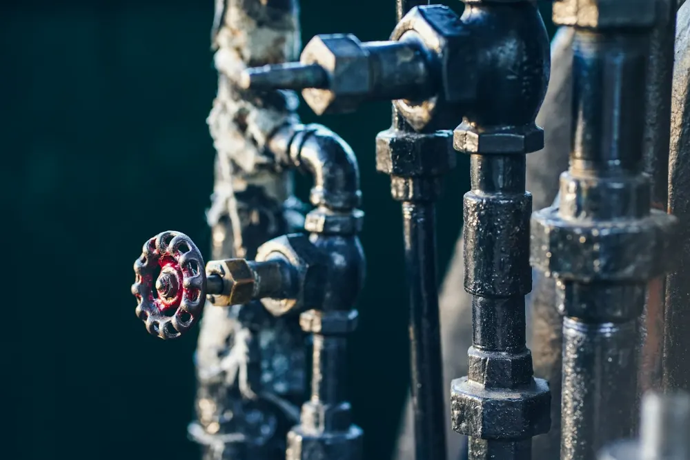 Black pipework with a small globe valve and frayed insulation