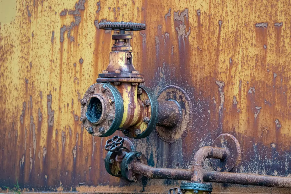 Flanged gate valve on a rusty tank wall