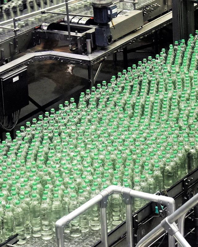Rows of bottles moving along a bottling line