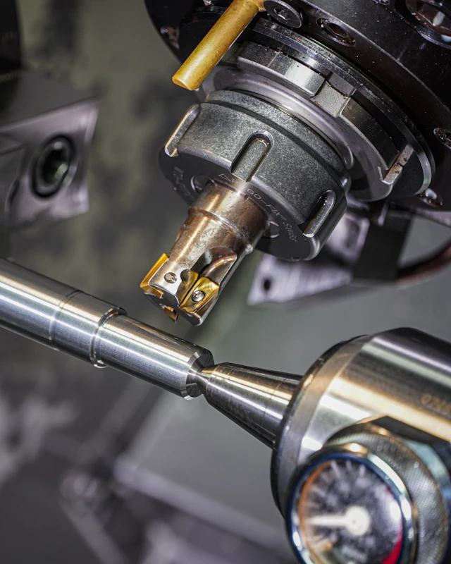 A steel shaft being machined on a lathe