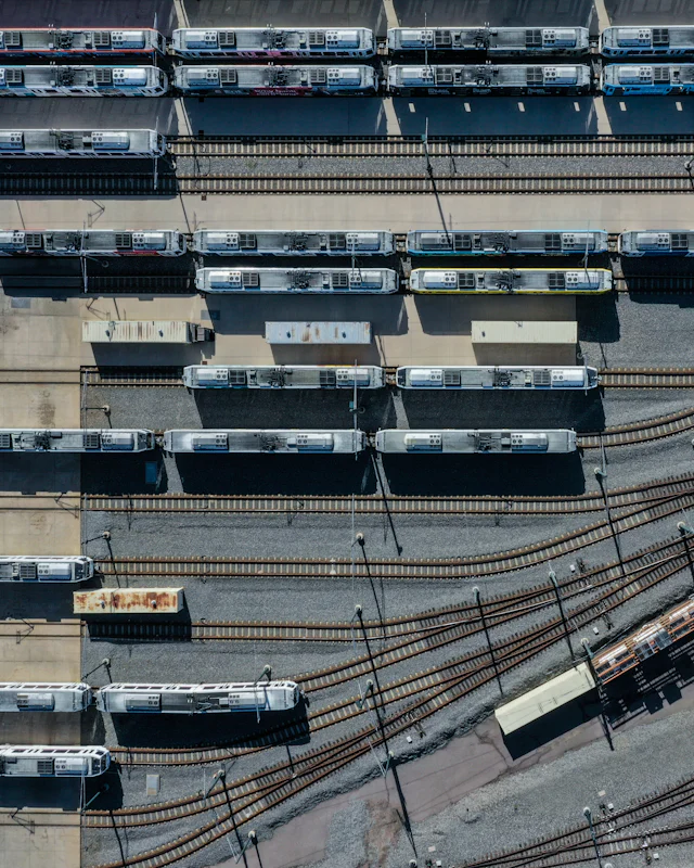 Trains parked in a rail yard, seen from above